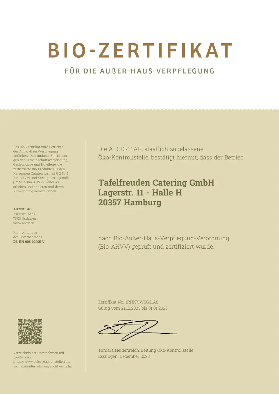 "Bio-Zertifikat für Außer-Haus-Verpflegung"